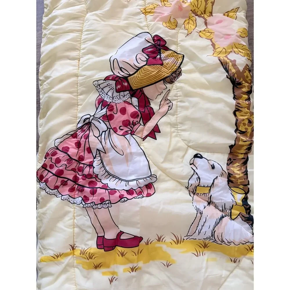 Vintage 1970s holly hobbie yellow child’s kid sleeping bag cottagecore upcycle